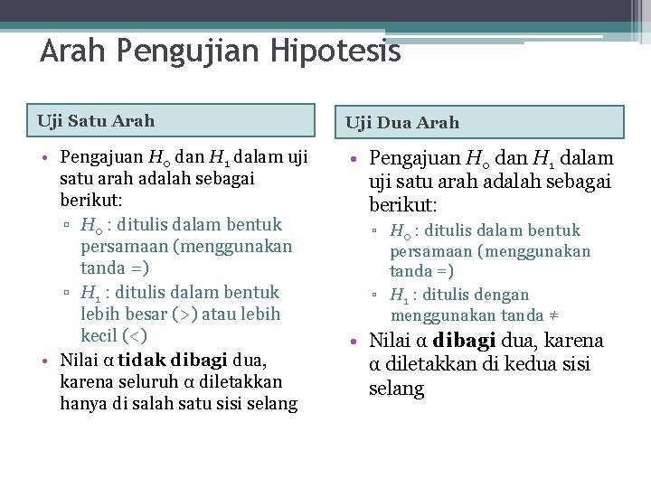 Arah Pengujian Hipotesis Uji Satu Arah Uji Dua Arah • Pengajuan H 0 dan