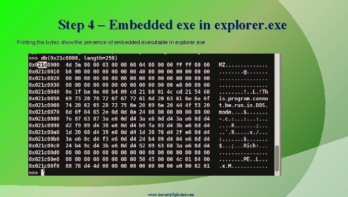 Step 4 – Embedded exe in explorer. exe Printing the bytes show the presence