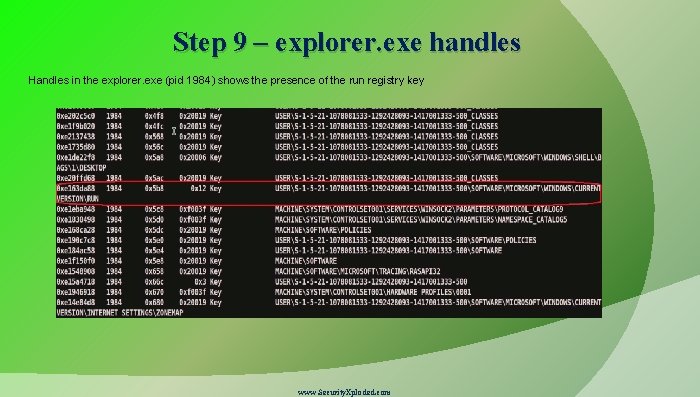 Step 9 – explorer. exe handles Handles in the explorer. exe (pid 1984) shows