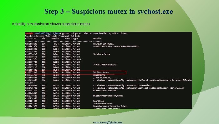 Step 3 – Suspicious mutex in svchost. exe Volatility’s mutantscan shows suspicious mutex www.