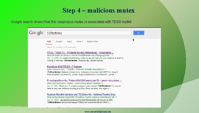 Step 4 – malicious mutex Google search shows that this suspicious mutex is associated