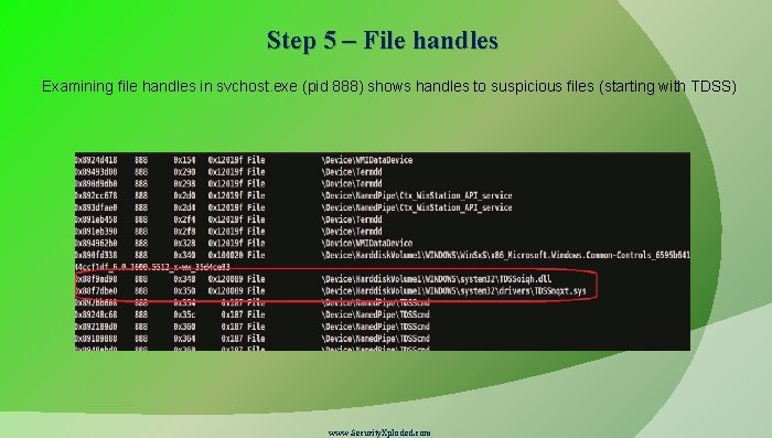 Step 5 – File handles Examining file handles in svchost. exe (pid 888) shows