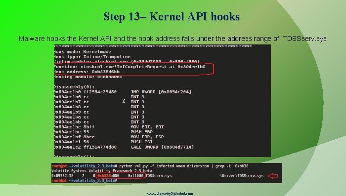 Step 13– Kernel API hooks Malware hooks the Kernel API and the hook address