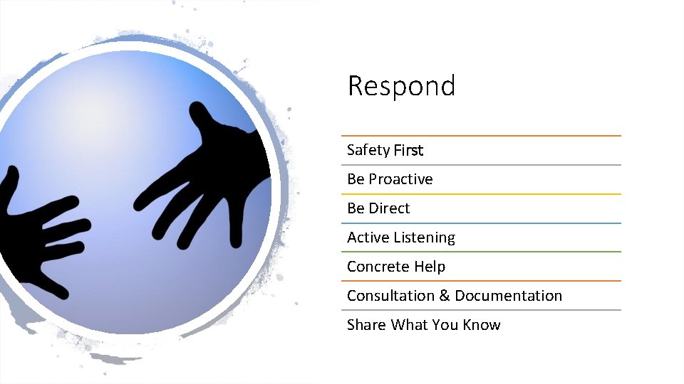 Respond Safety First Be Proactive Be Direct Active Listening Concrete Help Consultation & Documentation