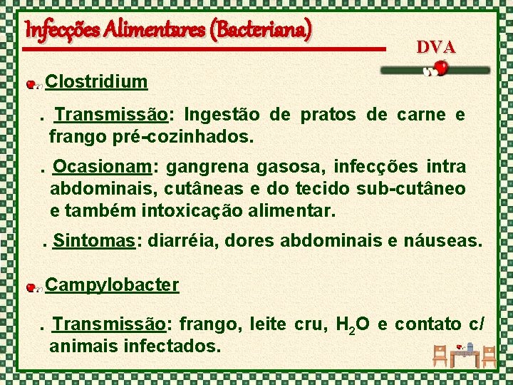 Infecções Alimentares (Bacteriana) DVA Clostridium. Transmissão: Ingestão de pratos de carne e frango pré-cozinhados.
