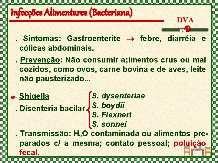 Infecções Alimentares (Bacteriana) DVA . Sintomas: Gastroenterite febre, diarréia e cólicas abdominais. . Prevenção: