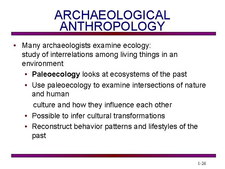 ARCHAEOLOGICAL ANTHROPOLOGY • Many archaeologists examine ecology: study of interrelations among living things in