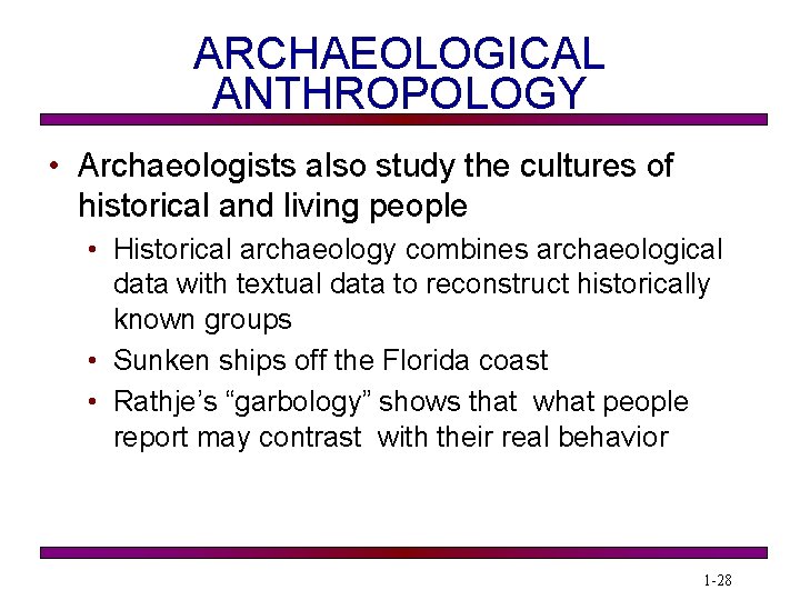 ARCHAEOLOGICAL ANTHROPOLOGY • Archaeologists also study the cultures of historical and living people •