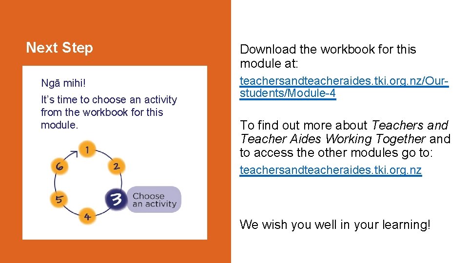 Next Step Ngā mihi! It’s time to choose an activity from the workbook for