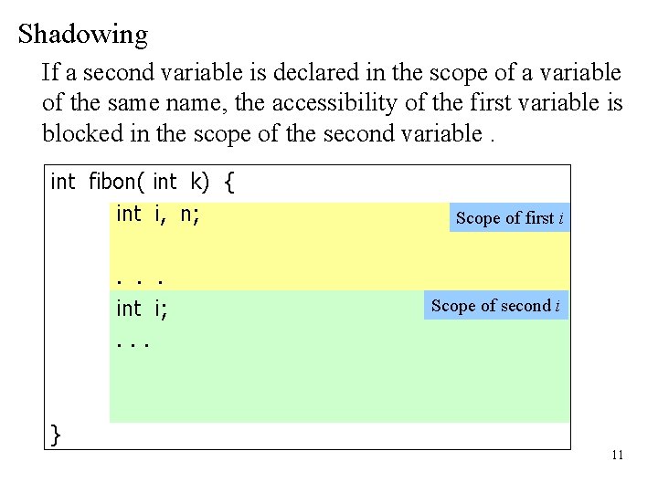Shadowing If a second variable is declared in the scope of a variable of