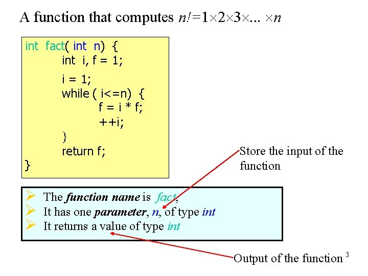 A function that computes n!=1 2 3. . . n int fact( int n)