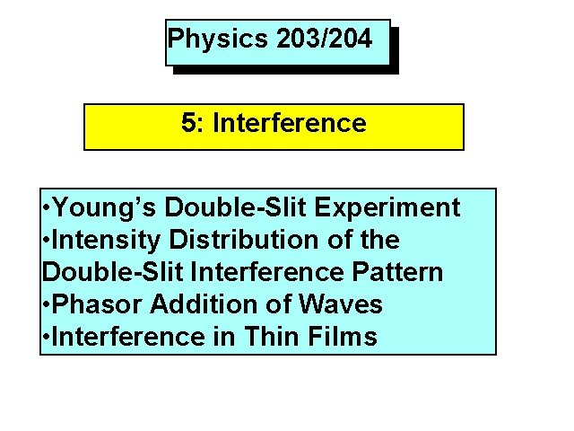 Physics 203/204 5: Interference • Young’s Double-Slit Experiment • Intensity Distribution of the Double-Slit