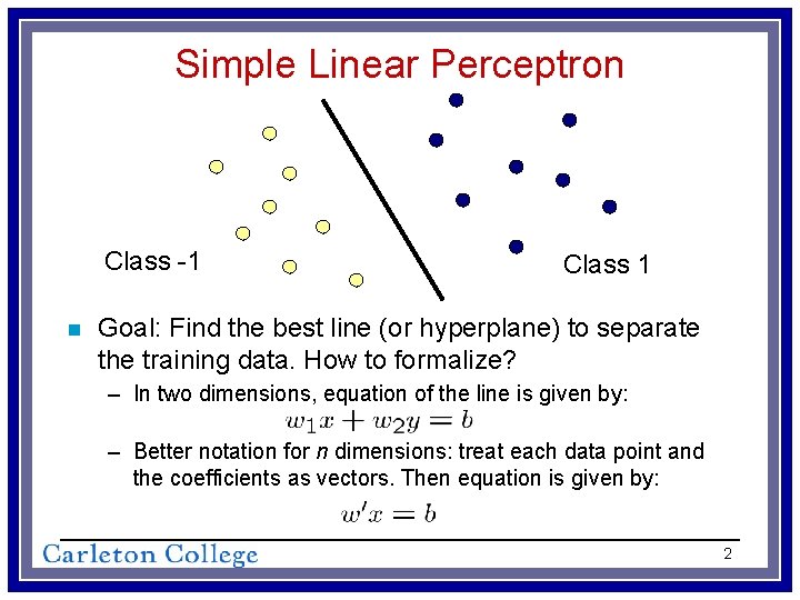 Simple Linear Perceptron Class -1 n Class 1 Goal: Find the best line (or