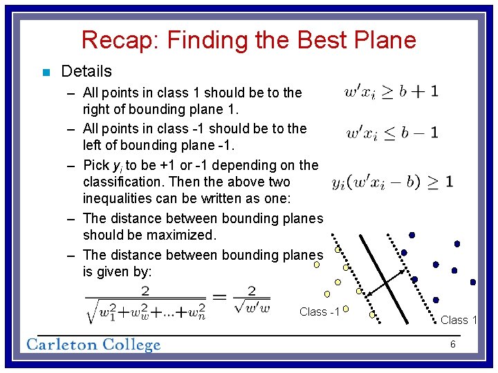 Recap: Finding the Best Plane n Details – All points in class 1 should