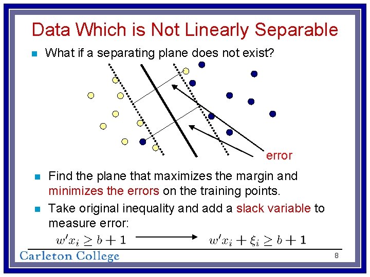 Data Which is Not Linearly Separable n What if a separating plane does not