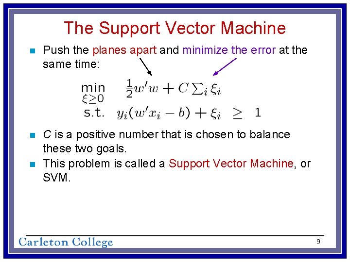 The Support Vector Machine n Push the planes apart and minimize the error at