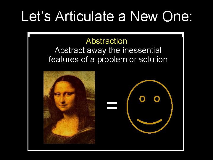 Let’s Articulate a New One: Abstraction Abstract away the inessential Abstract inessential featuresof of