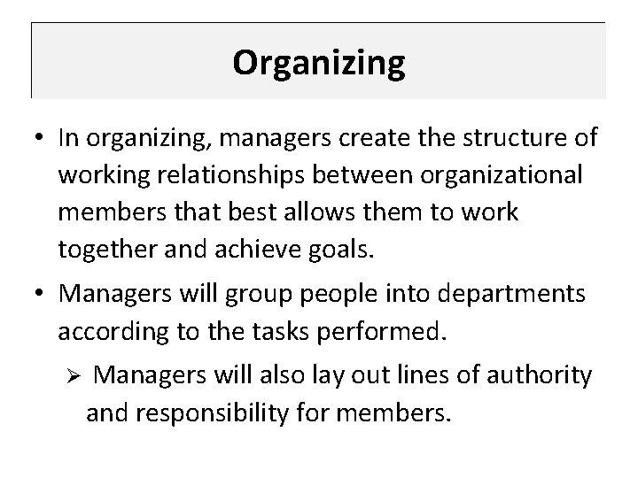Organizing • In organizing, managers create the structure of working relationships between organizational members