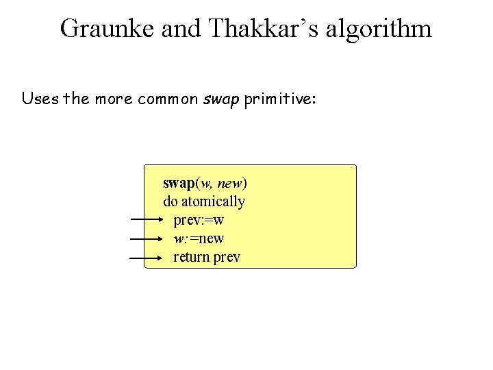 Graunke and Thakkar’s algorithm Uses the more common swap primitive: swap(w, new) do atomically