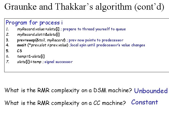 Graunke and Thakkar’s algorithm (cont’d) Program for process i 1. 2. 3. 4. 5.