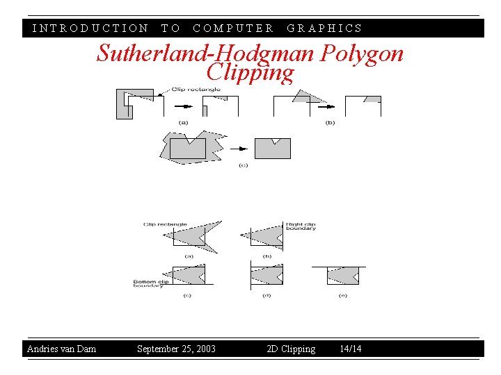 INTRODUCTION TO COMPUTER GRAPHICS Sutherland-Hodgman Polygon Clipping Andries van Dam September 25, 2003 2