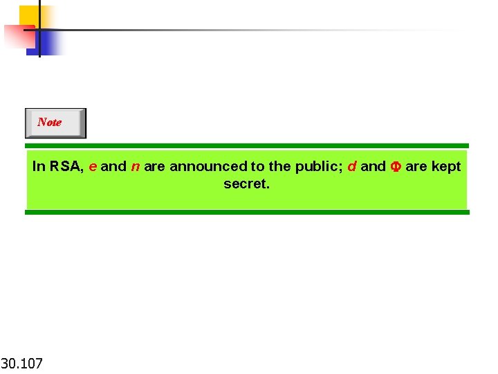 Note In RSA, e and n are announced to the public; d and F