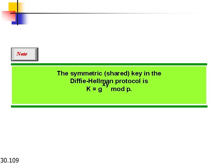 Note The symmetric (shared) key in the Diffie-Hellman xy protocol is K = g