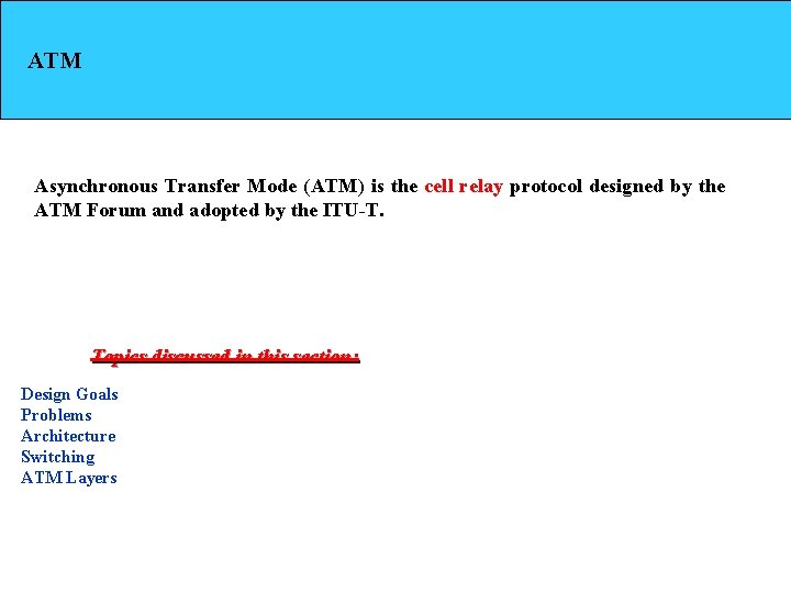 ATM Asynchronous Transfer Mode (ATM) is the cell relay protocol designed by the ATM