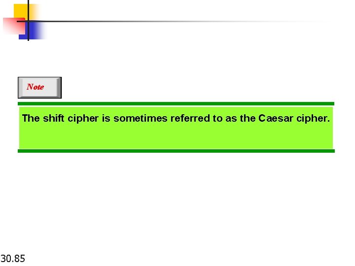 Note The shift cipher is sometimes referred to as the Caesar cipher. 30. 85