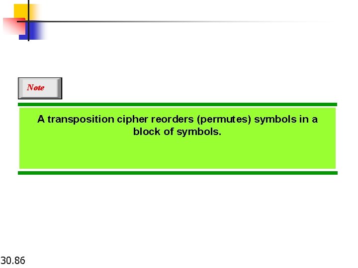 Note A transposition cipher reorders (permutes) symbols in a block of symbols. 30. 86