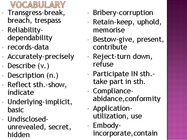  Transgress-break, breach, trespass Reliabilitydependability records-data Accurately-precisely Describe (v. ) Description (n. ) Reflect