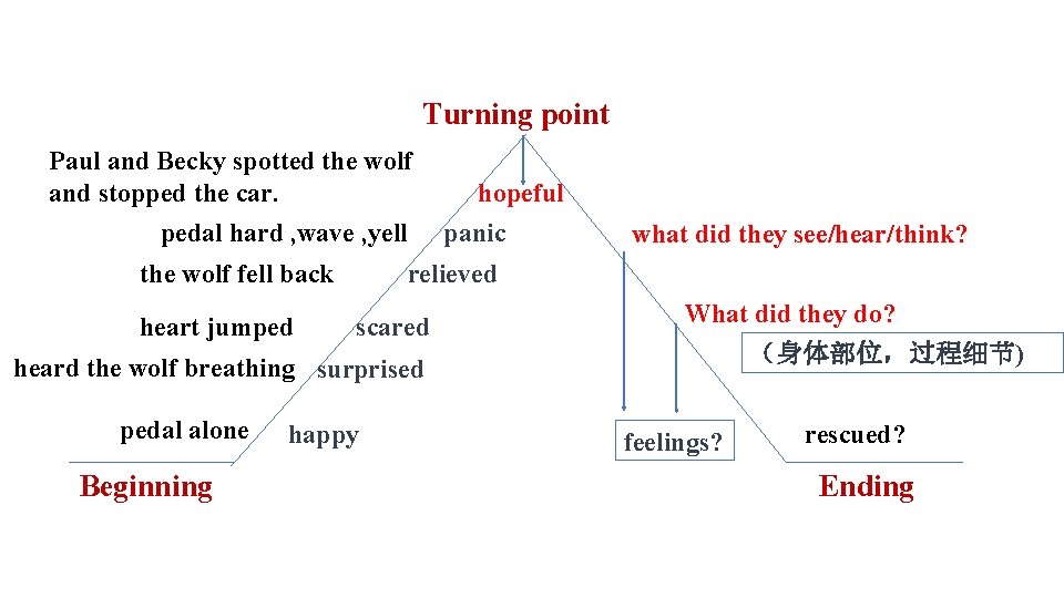 Turning point Paul and Becky spotted the wolf and stopped the car. pedal hard