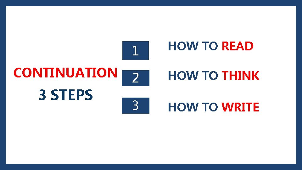 CONTINUATION 3 STEPS 1 HOW TO READ 2 HOW TO THINK 3 HOW TO