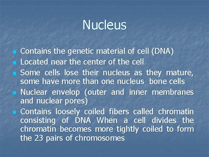 Nucleus n n n Contains the genetic material of cell (DNA) Located near the