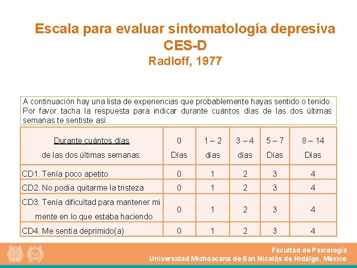 Escala para evaluar sintomatología depresiva CES-D Radloff, 1977 A continuación hay una lista de