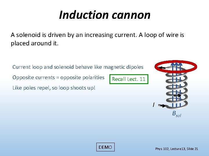 Induction cannon A solenoid is driven by an increasing current. A loop of wire