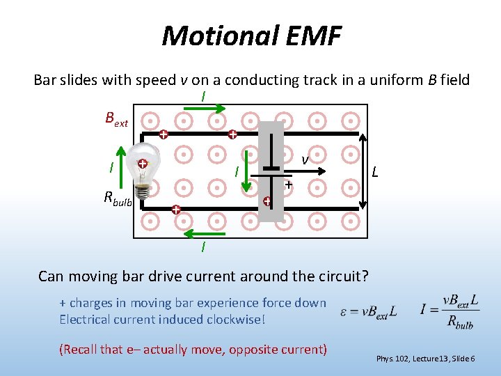 Motional EMF Bar slides with speed v on a conducting track in a uniform