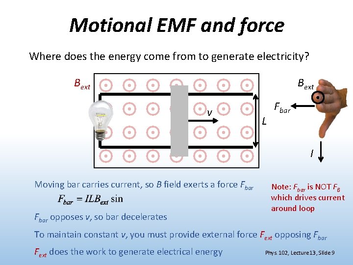 Motional EMF and force Where does the energy come from to generate electricity? Bext