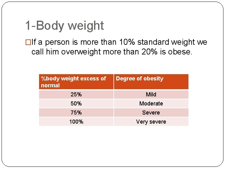 1 -Body weight �If a person is more than 10% standard weight we call