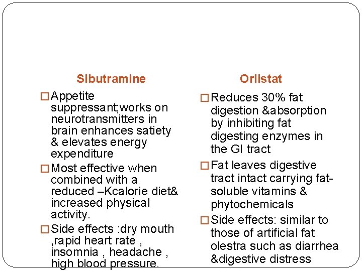 Sibutramine � Appetite suppressant; works on neurotransmitters in brain enhances satiety & elevates energy