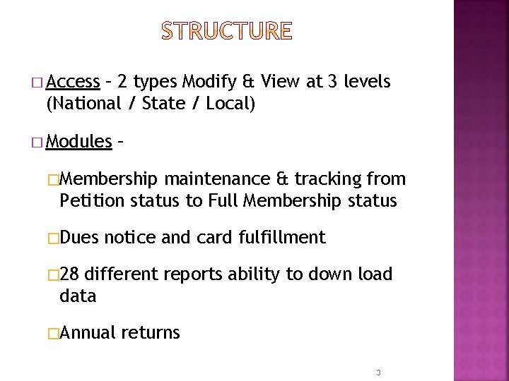 � Access – 2 types Modify & View at 3 levels (National / State