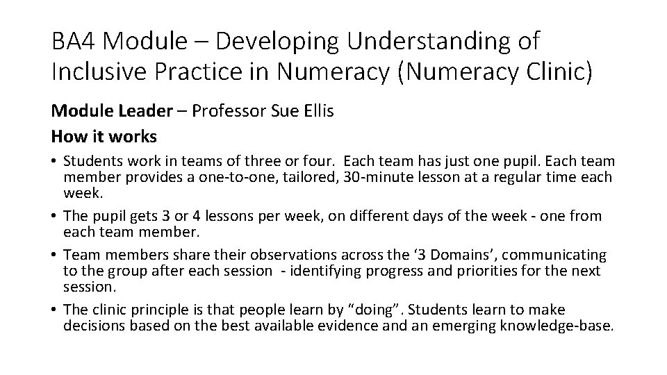 BA 4 Module – Developing Understanding of Inclusive Practice in Numeracy (Numeracy Clinic) Module