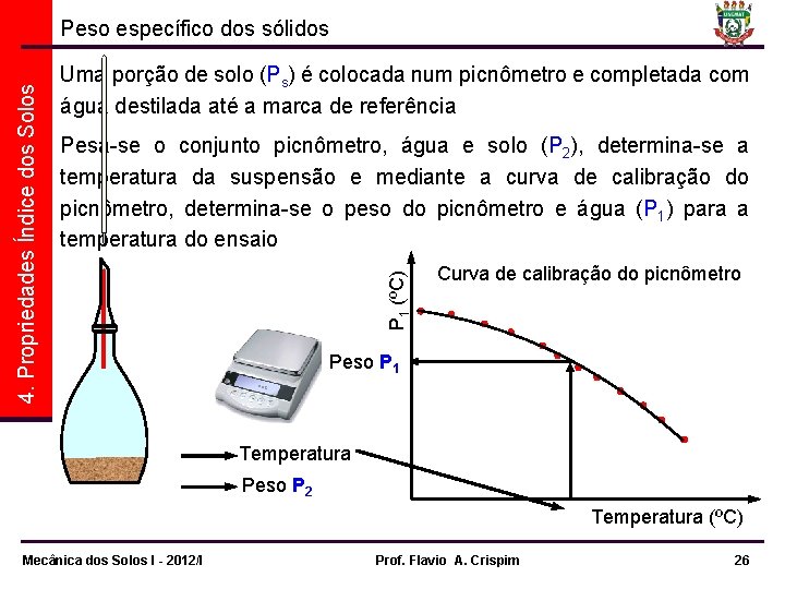 Uma porção de solo (Ps) é colocada num picnômetro e completada com água destilada