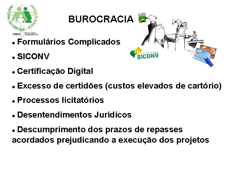 BUROCRACIA Formulários Complicados SICONV Certificação Digital Excesso de certidões (custos elevados de cartório) Processos