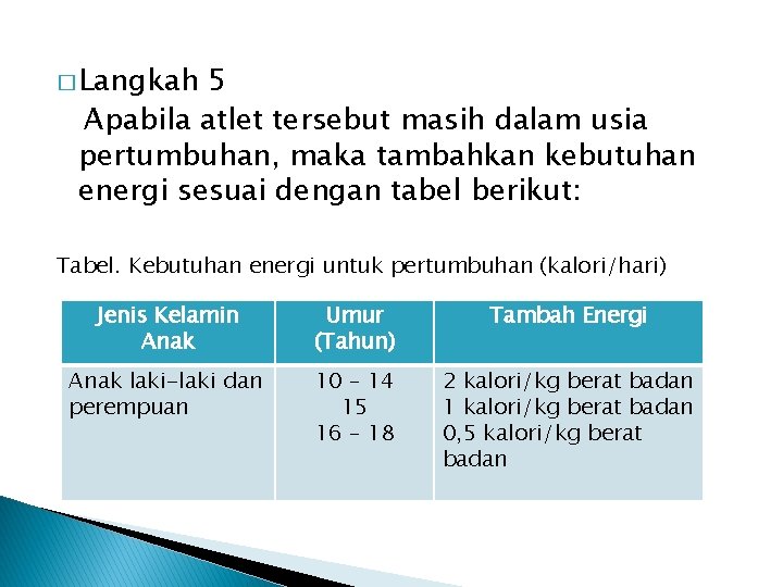 � Langkah 5 Apabila atlet tersebut masih dalam usia pertumbuhan, maka tambahkan kebutuhan energi
