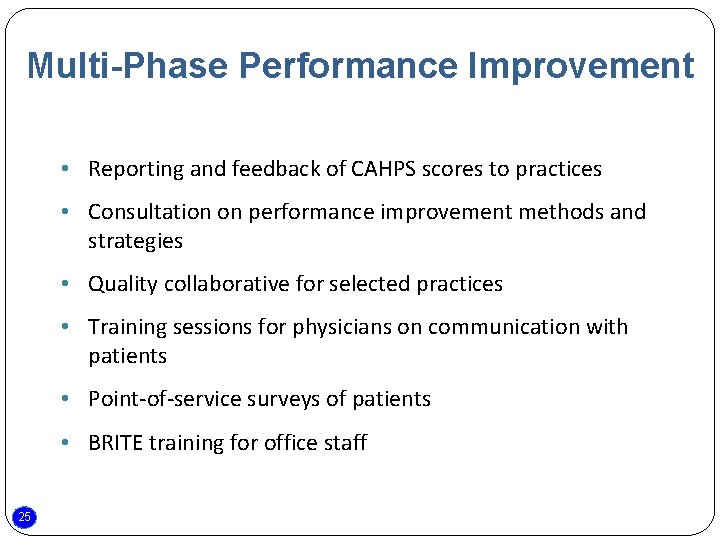 Multi-Phase Performance Improvement • Reporting and feedback of CAHPS scores to practices • Consultation