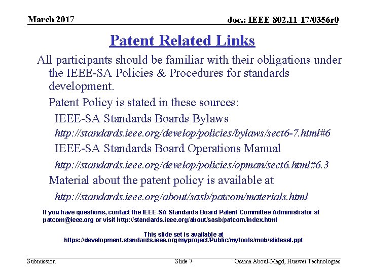 March 2017 doc. : IEEE 802. 11 -17/0356 r 0 Patent Related Links All