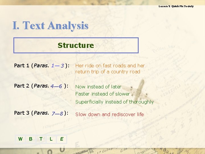 Lesson 9 Quick Fix Society I. Text Analysis Structure Part 1 (Paras. 1— 3