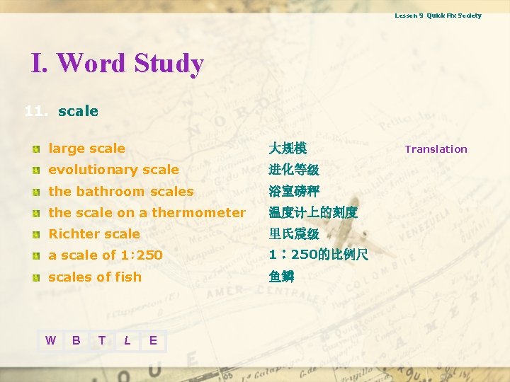 Lesson 9 Quick Fix Society I. Word Study 11. scale large scale 大规模 evolutionary