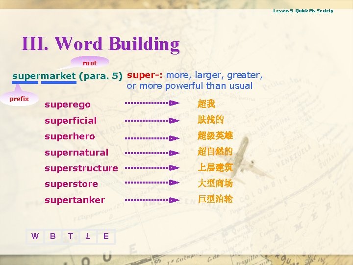 Lesson 9 Quick Fix Society III. Word Building root supermarket (para. 5) super-: more,